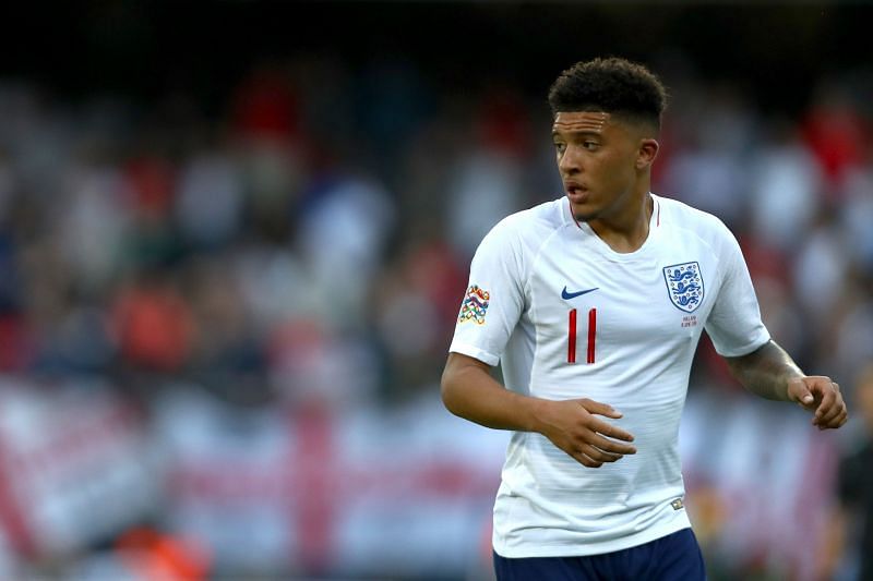 Jadon Sancho of England in action during a UEFA Nations League game.