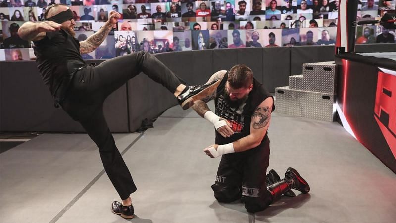 Aleister Black hitting Kevin Owens with a black mass before RAW