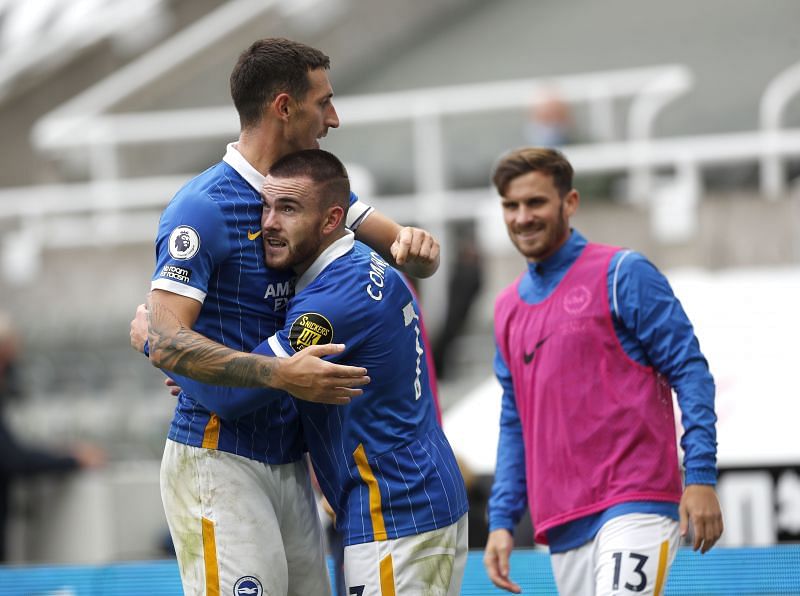 Aaron Connolly of Brighton celebrates with teammates after scoring his team&#039;s first goal against Newcastle