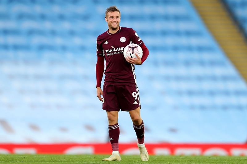 Hat-trick hero Vardy celebrates with the match ball