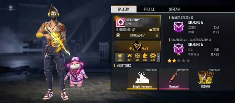 Jonty Gaming's Free Fire ID number, stats, K/D ratio and more