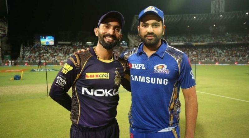 Dinesh Karthik and Rohit Sharma will lead their teams out in the KKR v MI game (image: The SportsRush)