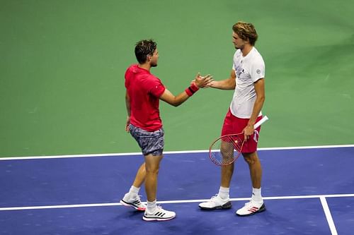 Dominic Thiem (L) and Alexander Zverev after the 2020 US Open final