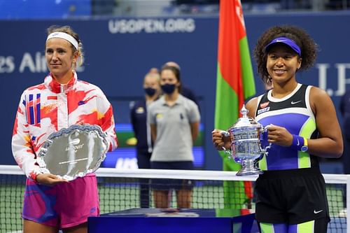 Victoria Azarenka (left) and Naomi Osaka at the US Open 2020 prize distribution ceremony