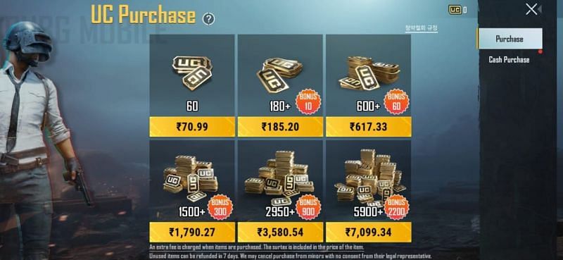 Prices of UC in PUBG Mobile KR