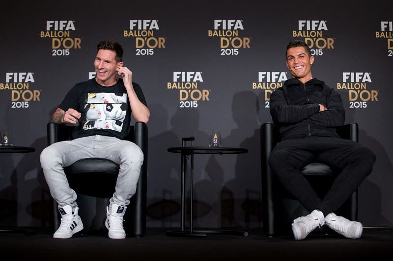 Lionel Messi of Argentina and FC Barcelona (L) and Cristiano Ronaldo of Portugal and Juventus (R)