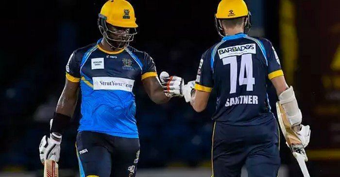 Mitchell Santner (R) was the only competent player with the bat for the Tridents in their last CPL game