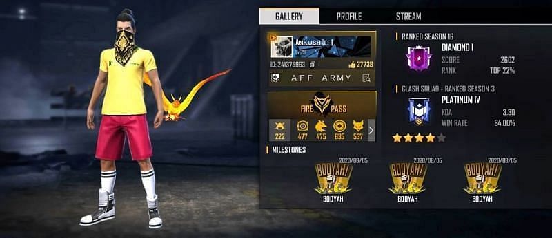Ankush Free Fire's ID number, stats, K/D ratio, and setup