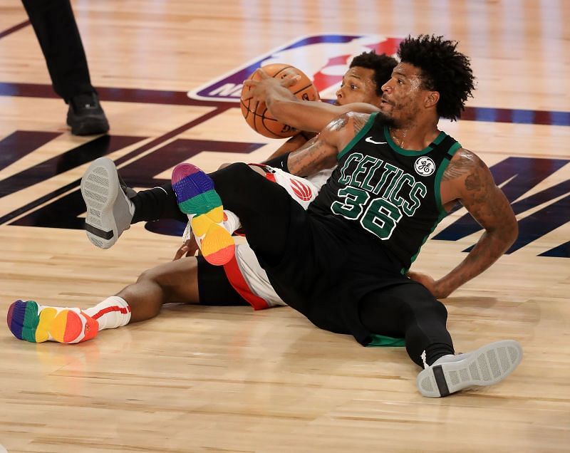 Kendrick Perkins of the Boston Celtics prepares to shoot a free throw