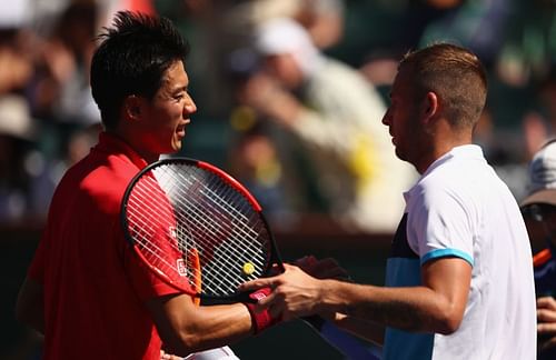 Kei Nishikori (L) and Dan Evans at Indian Wells 2017.