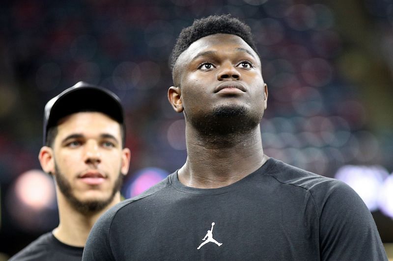 Lonzo Ball (left) and Zion Williamson  of the New Orleans Pelicans