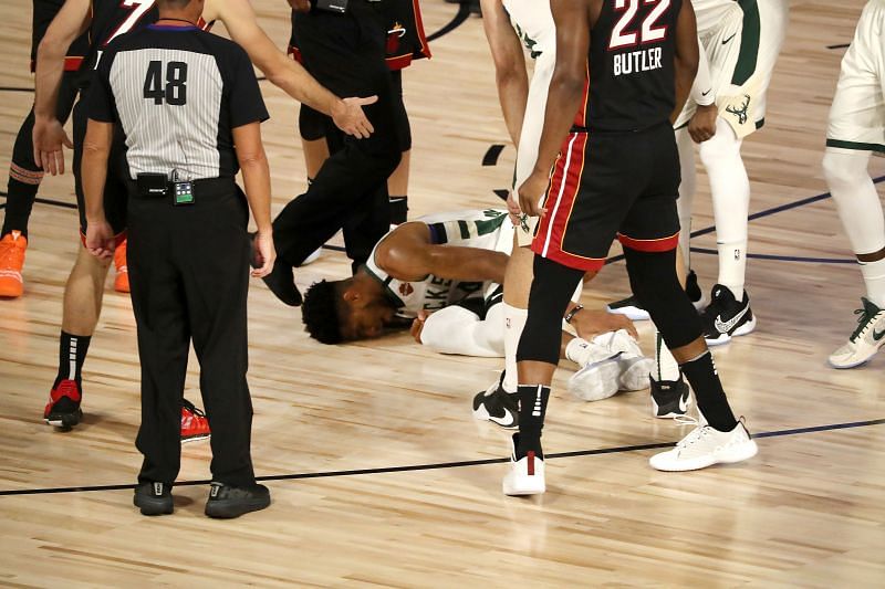 Giannis Antetokounmpo is questionable for Game 4 against the Miami Heat