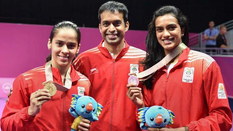 Pullela Gopichand (centre) with his students Saina Nehwal (left) and PV Sindhu (right).