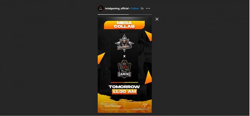 Total Gaming&#039;s Instagram story on the collaboration