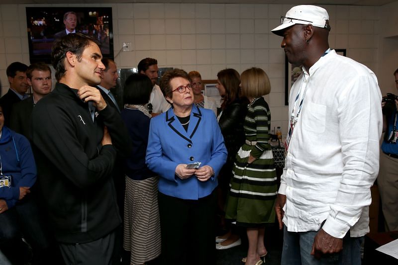 Roger Federer with Billie Jean King and Michael Jordan in 2014