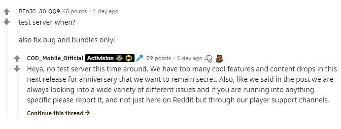 The response of the developers regarding the Season 11 Beta Server on the official subreddit of COD Mobile