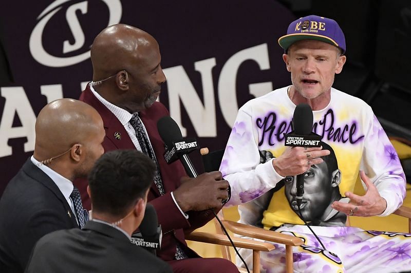 Flea speaking to LA Lakers legends before a game