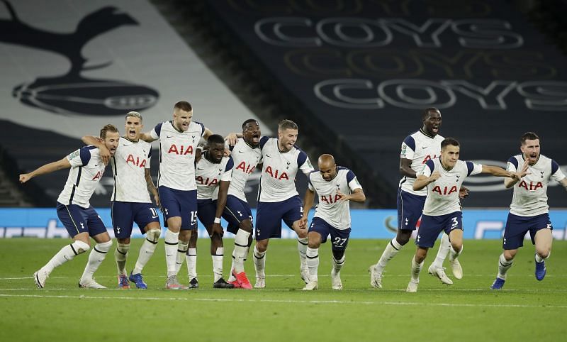 Tottenham Hotspur players celebrate their victory in the penalty shootout