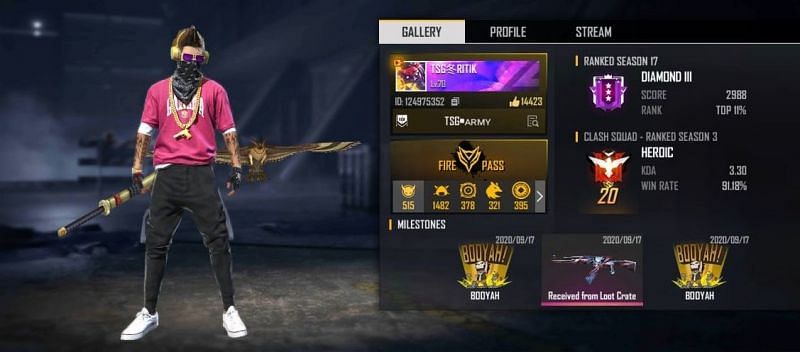 TSG Ritik की Free Fire ID, स्टैट्स, K/D रेश्यो और अन्य जानकारी