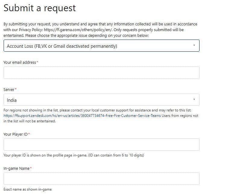 A snippet of the form (Image Credits: ffsupport.zendesk.com)