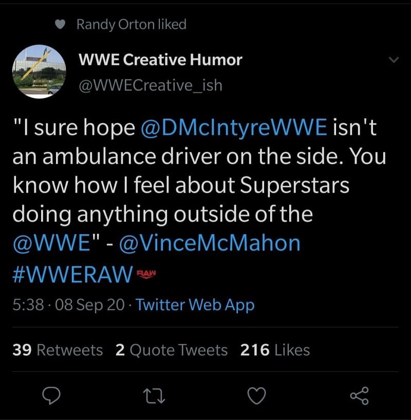 Orton likes a tweet trolling Vince McMahon and Drew McIntyre