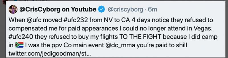 Cris Cyborg did not like what DC had to say about the UFC.