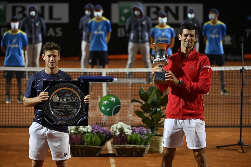: Runner-up Diego Schwartzman and winner Novak Djokovic with their trophies at the Internazionali BNL d&#039;Italia in Rome