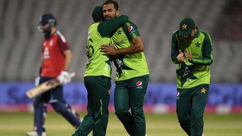 Wahab Riaz is congratulated after picking up a wicket against England.