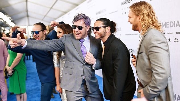 AEW stars Kenny Omega, Adam &#039;Hangman&#039; Page, and The Young Bucks at a WarnerMedia event