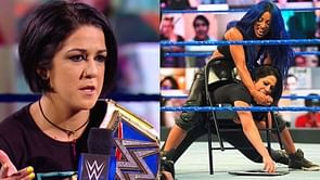 Bayley reacts after being forced to sign Hell in a Cell contract on SmackDown