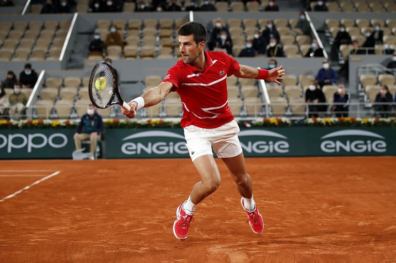 Novak Djokovic during his Roland Garros semi-final against Stefanos Tsitsipas