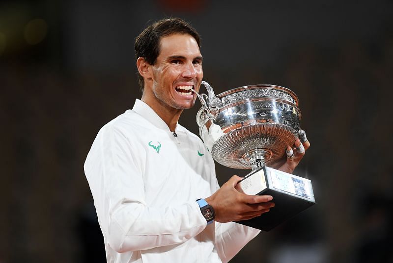 Rafael Nadal with the 2020 French Open trophy