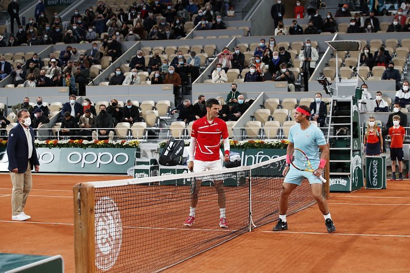 Rafael Nadal and Novak Djokovic at the start of the Men&#039;s Singles Final at the 2020 French Open