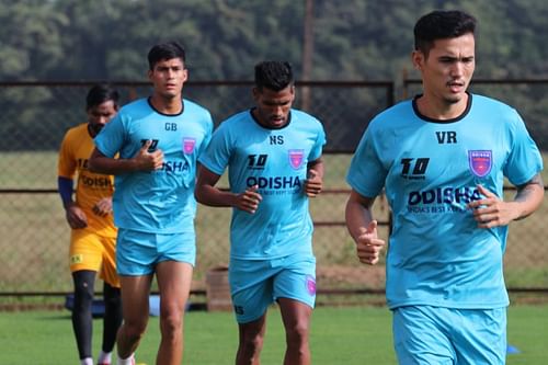 Vinit Rai, Nandhakumar Sekar and Gaurav Bora of Odisha FC.