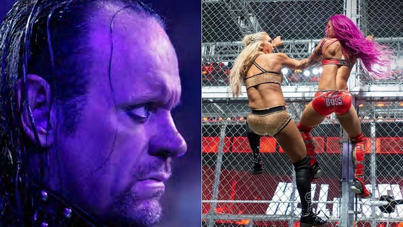 The Undertaker (left); Charlotte Flair and Sasha Banks (right)