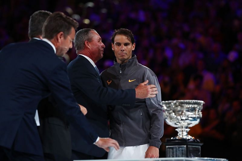 Rafael Nadal shakes hands with Ivan Lendl during the presentation ceremony at the 2019 Australian Open