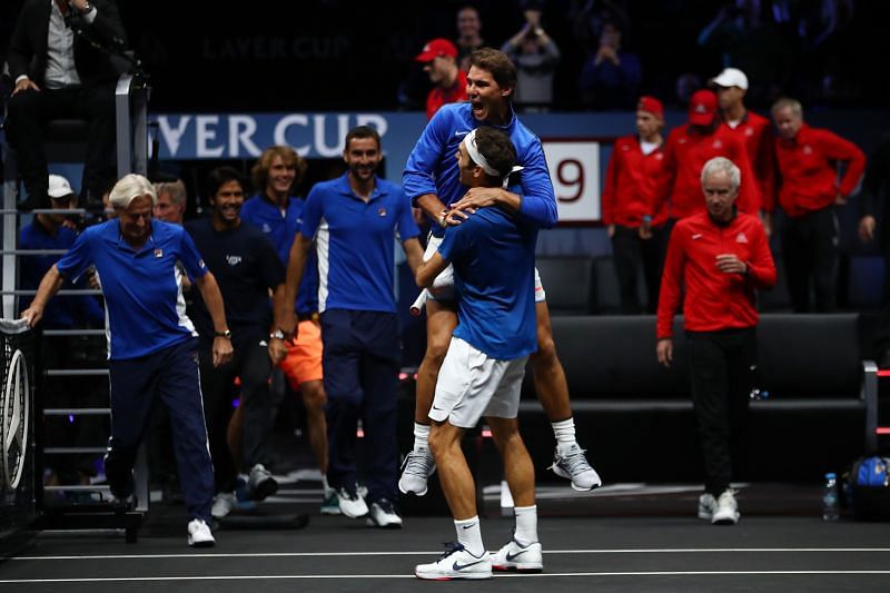 Rafael Nadal and Roger Federer during the Laver Cup