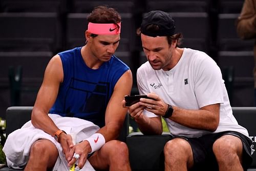 Rafael Nadal with coach, Carlos Moya at the Paris Masters in October 2018