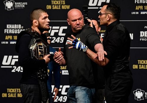 Khabib Nurmagomedov, Dana White, and Tony Ferguson at a press conference for UFC 249