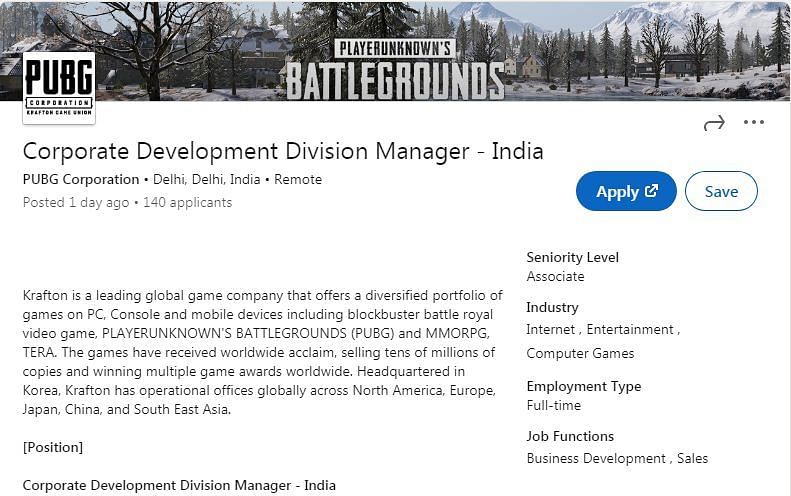 PUBG Mobile&#039;s Corporate Development Division Manager for India&#039;s posting on LinkedIn