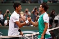 Novak Djokovic and Dominic Thiem greet each other at the net ATP Masters Series Madrid