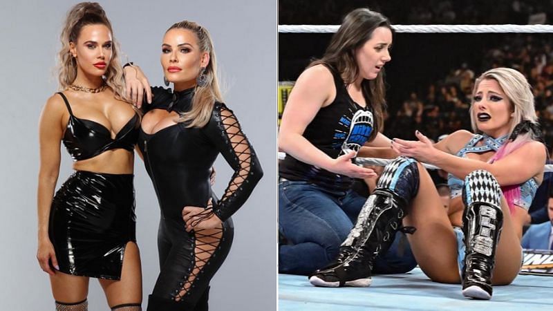 Lana and Natalya (left); Nikki Cross and Alexa Bliss (right)