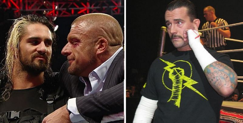 WWE Superstars Seth Rollins, Triple H, and CM Punk