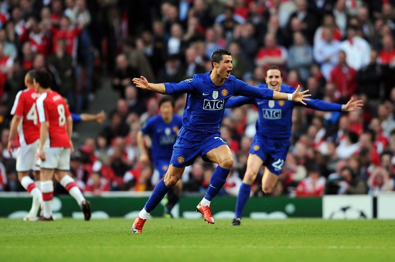 Cristiano Ronaldo celebrates after scoring against Arsenal