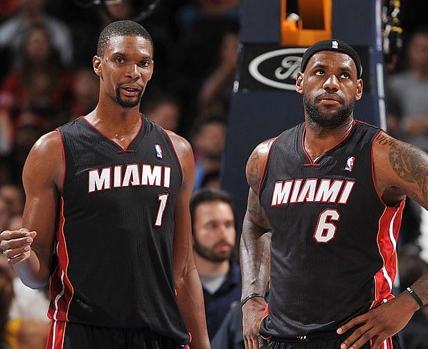 Chris Bosh (#1) and LeBron James (#6) while playing with the Miami Heat