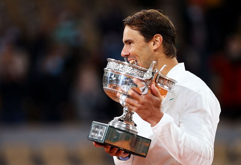 Rafael Nadal with the French Open trophy