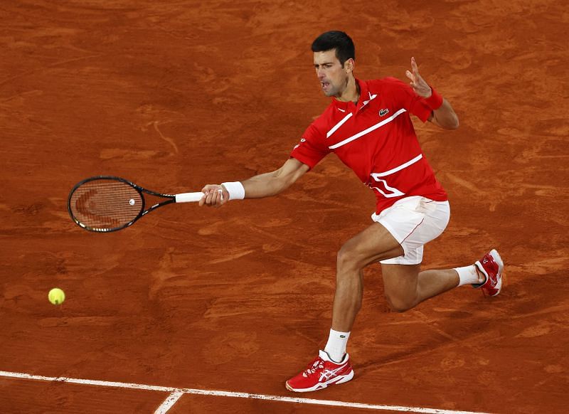 Novak Djokovic hits a forehand