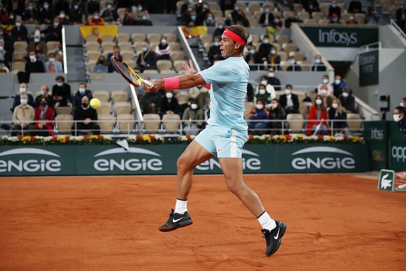 Rafael Nadal plays a forehand during the 2020 French Open final against Novak Djokovic