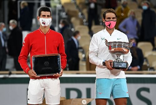 Novak Djokovic (L) and Rafael Nadal after the Roland Garros 2020 final.