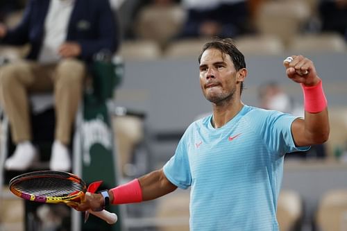 Rafael Nadal celebrates after his third round win against Stefano Travaglia at the French Open.